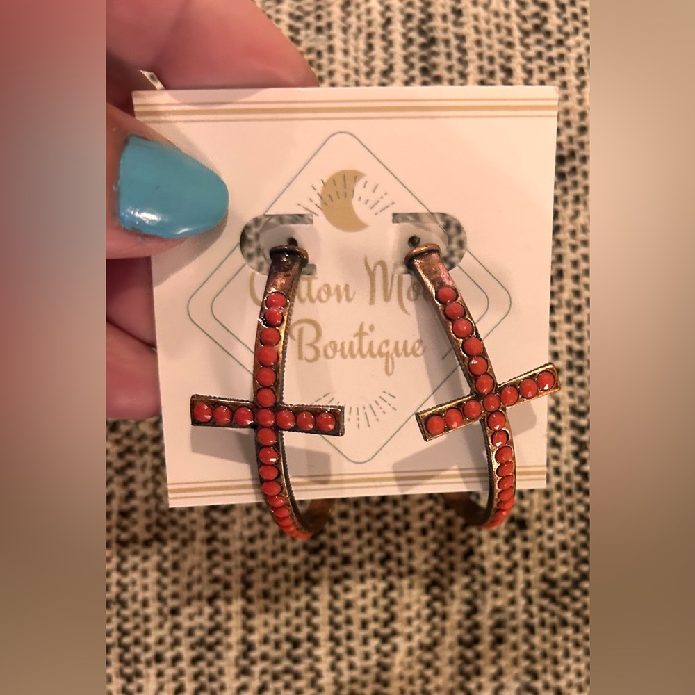 Orange Cross seed bead Hoop Earrings